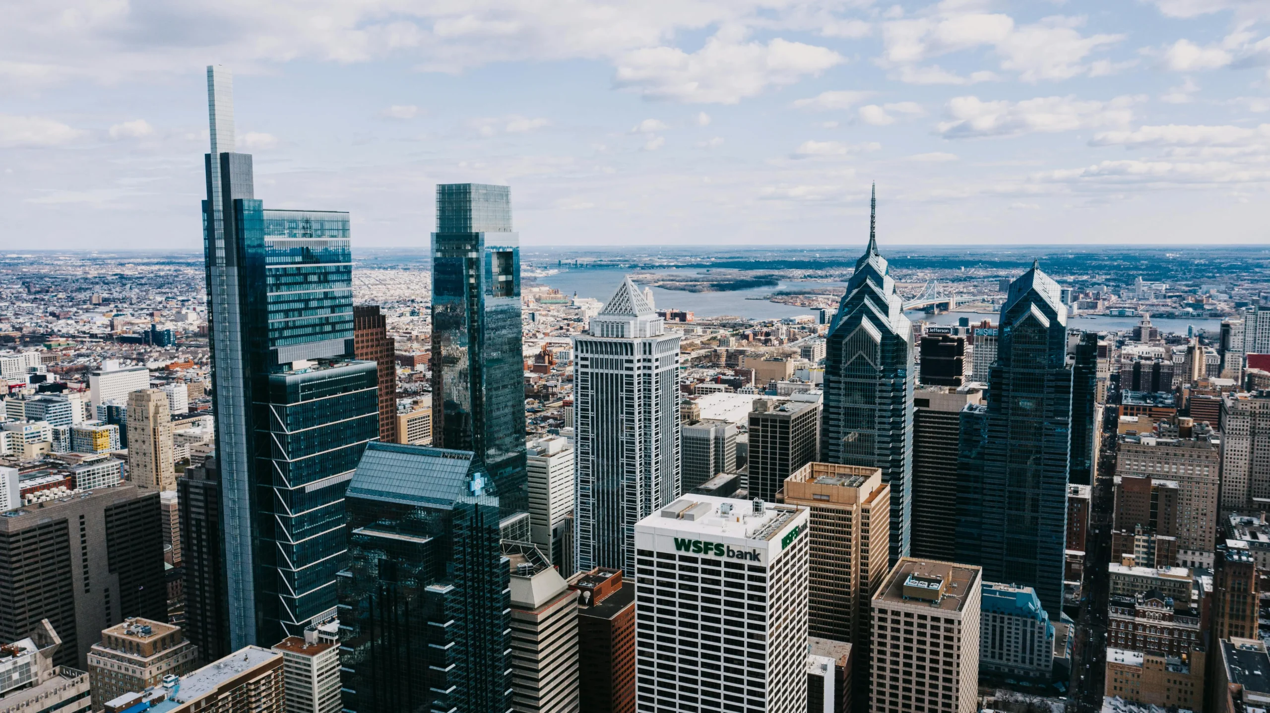 Aerial view of the Philadelphia skyline and Delaware River