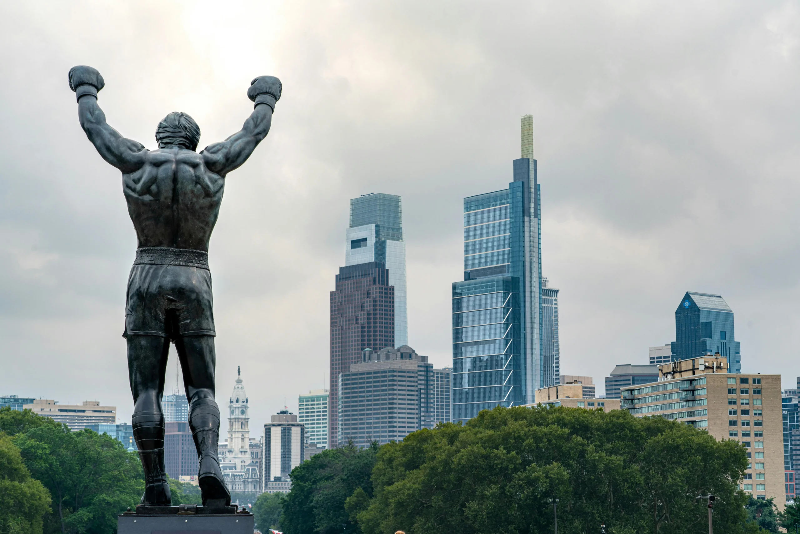 Rocky statue overlooking the Philadelphia skyline